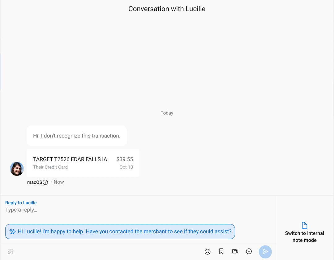 Animation of Jack Henry representative assiting in a fraud transaction, utilizing AI suggested responses.