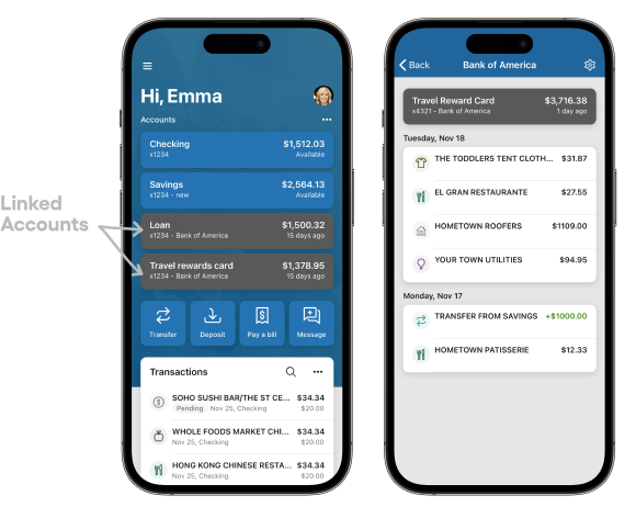 Mobile device showing connected accounts in the Banno app