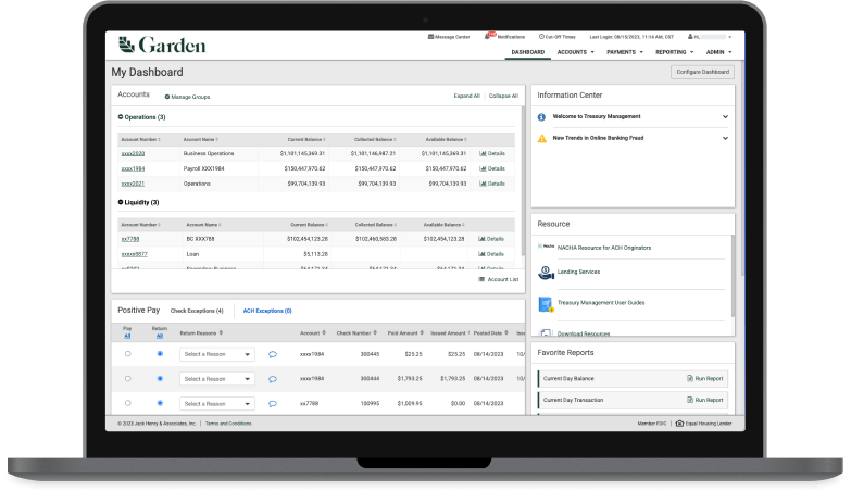Treasury Management Dashboard on a tablet
